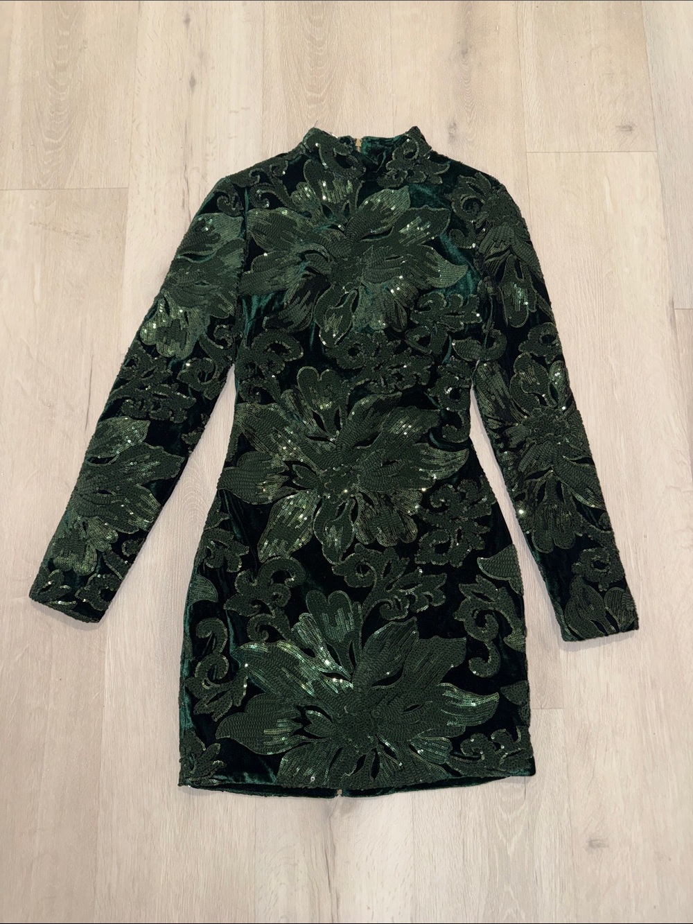 House of CB Emerald Green Long-Sleeve Sequin Floral Mini Dress